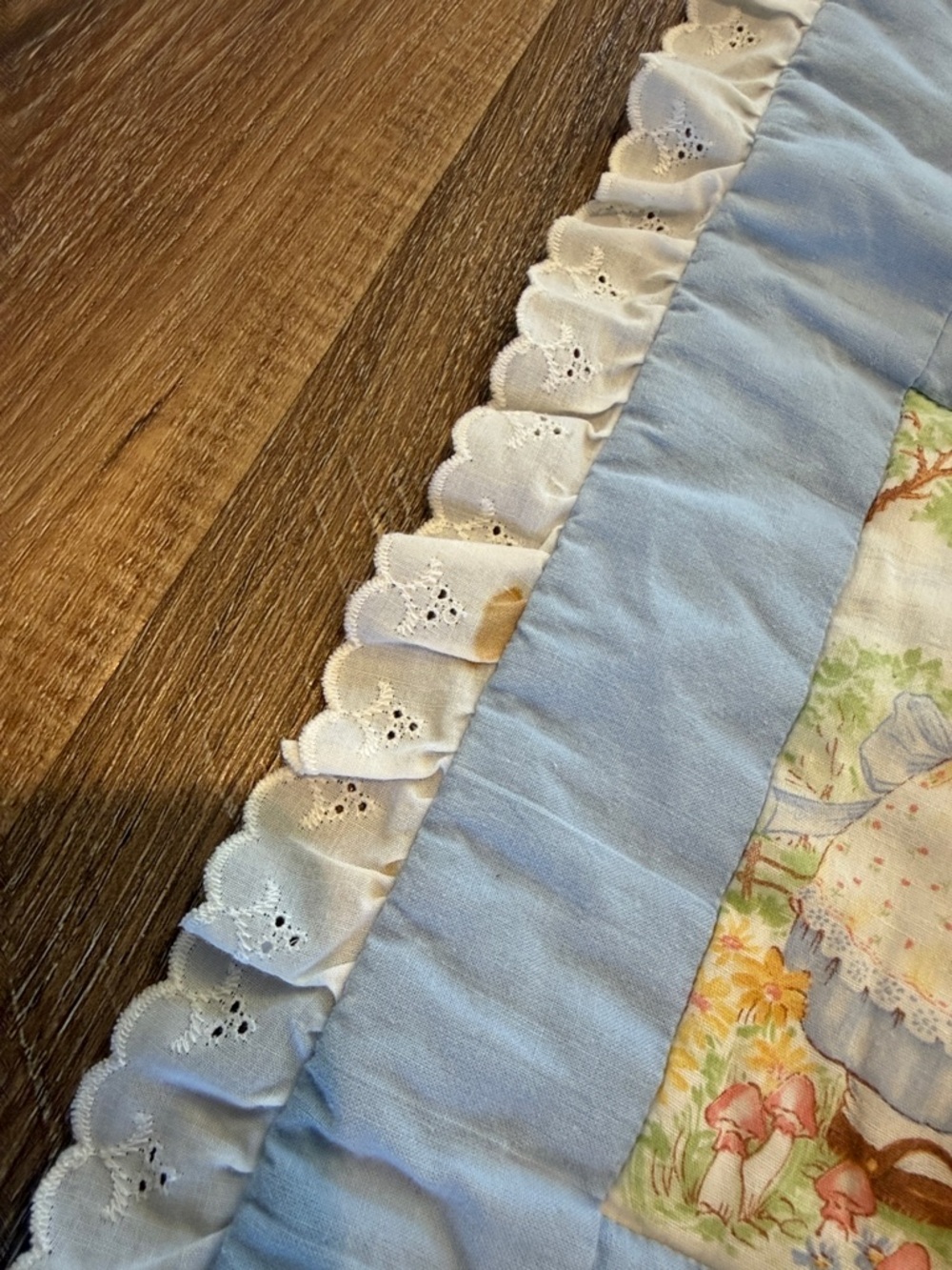 Blue Teddy Bear Patchwork Baby Quilt with Lace Trim - Picture 2 of 6